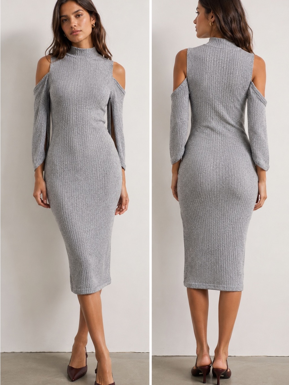 White House Black Market Gray Ribbed Cold-Shoulder Midi Dress